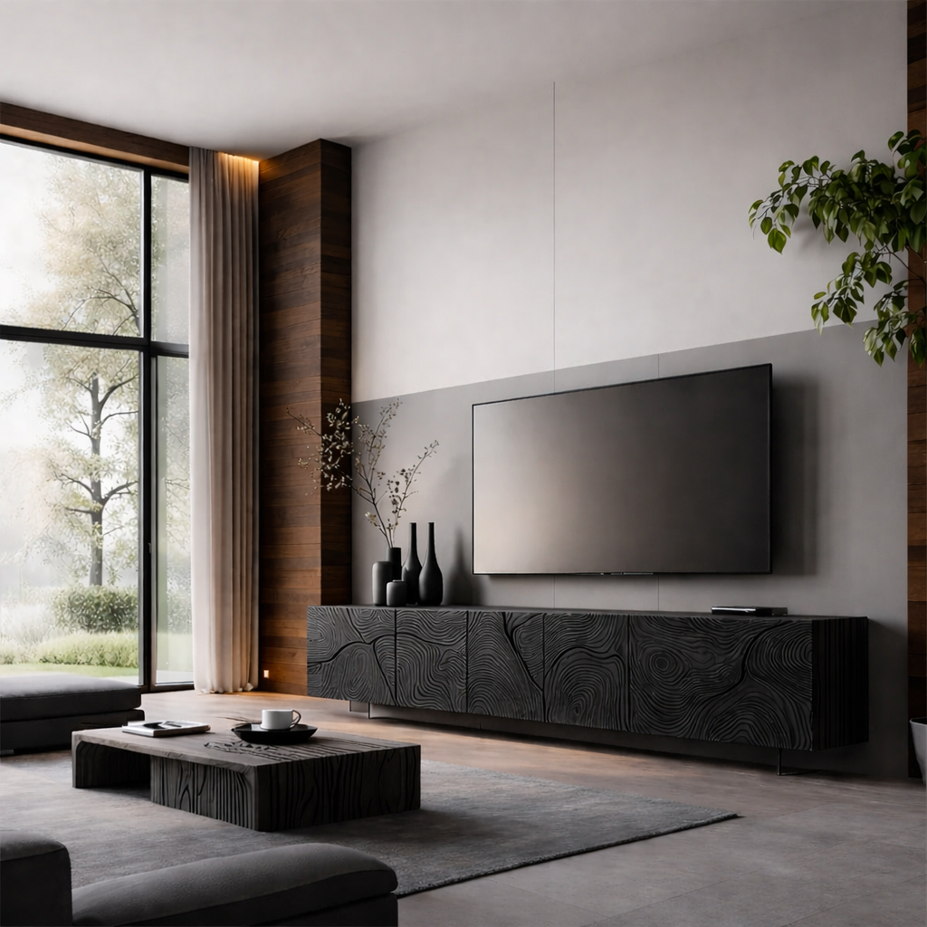 Solid Wood Floating TV Stand Modern Wall Mounted Media Console with Carved Design