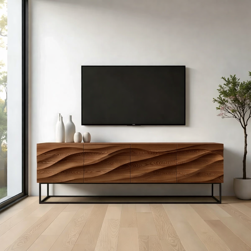 Solid Wood TV Stand Modern Oak Media Console with Wave Carved Storage Cabinet