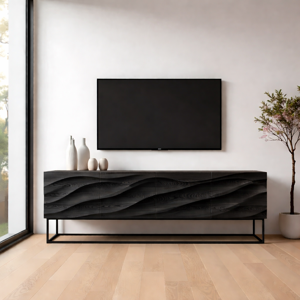 Solid Wood TV Stand Modern Oak Media Console with Wave Carved Storage Cabinet