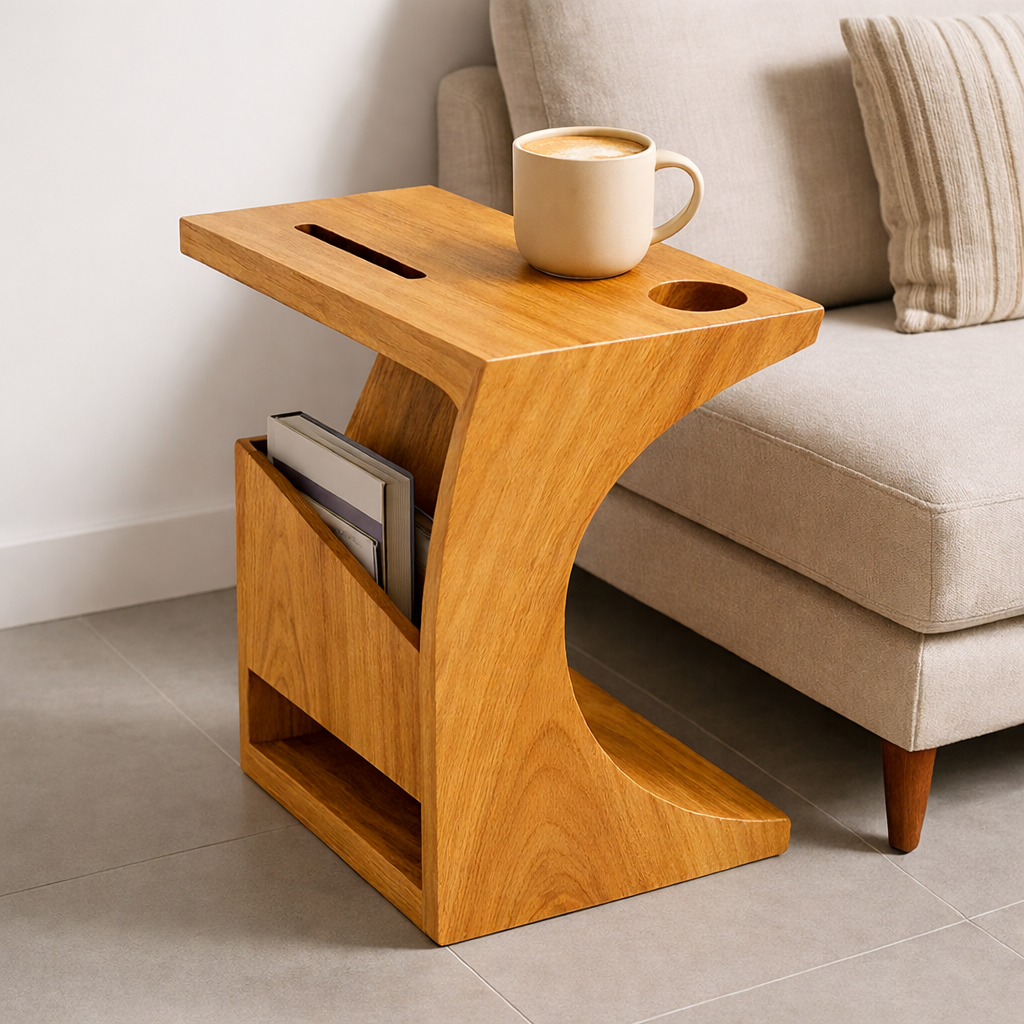 Solid Wood Sofa Armrest Table with Cup Holder and Magazine Rack Side Table