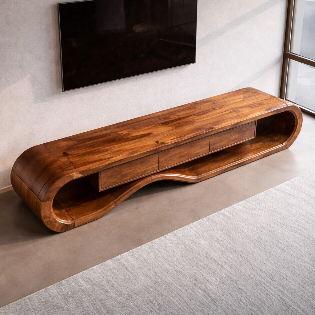 Solid Wood TV Stand with Curved Design and Ample Storage
