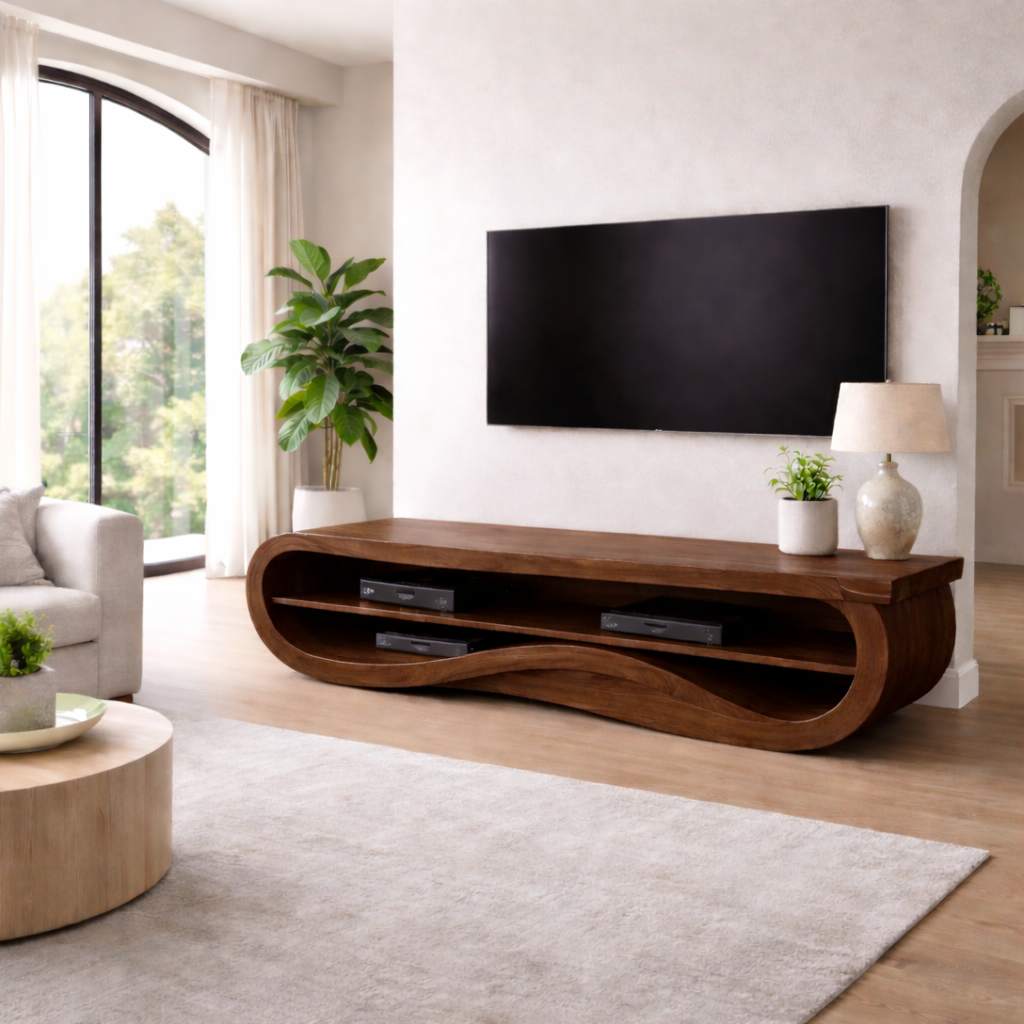 Solid Wood TV Stand with Curved Design – Modern & Functional