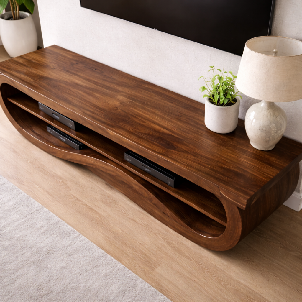 Solid Wood TV Stand with Curved Design – Modern & Functional