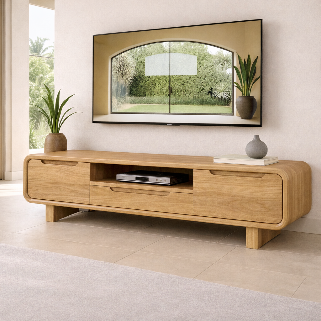 Modern Solid Wood TV Stand with Curved Design – Stylish TV Unit for Living Room