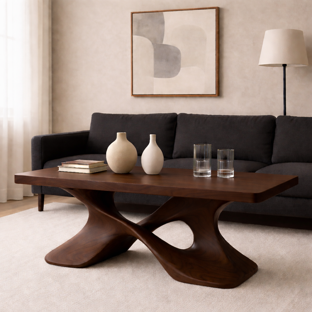 Elegant Solid Wood Coffee Table with Curved Base – Modern Living Room Decor