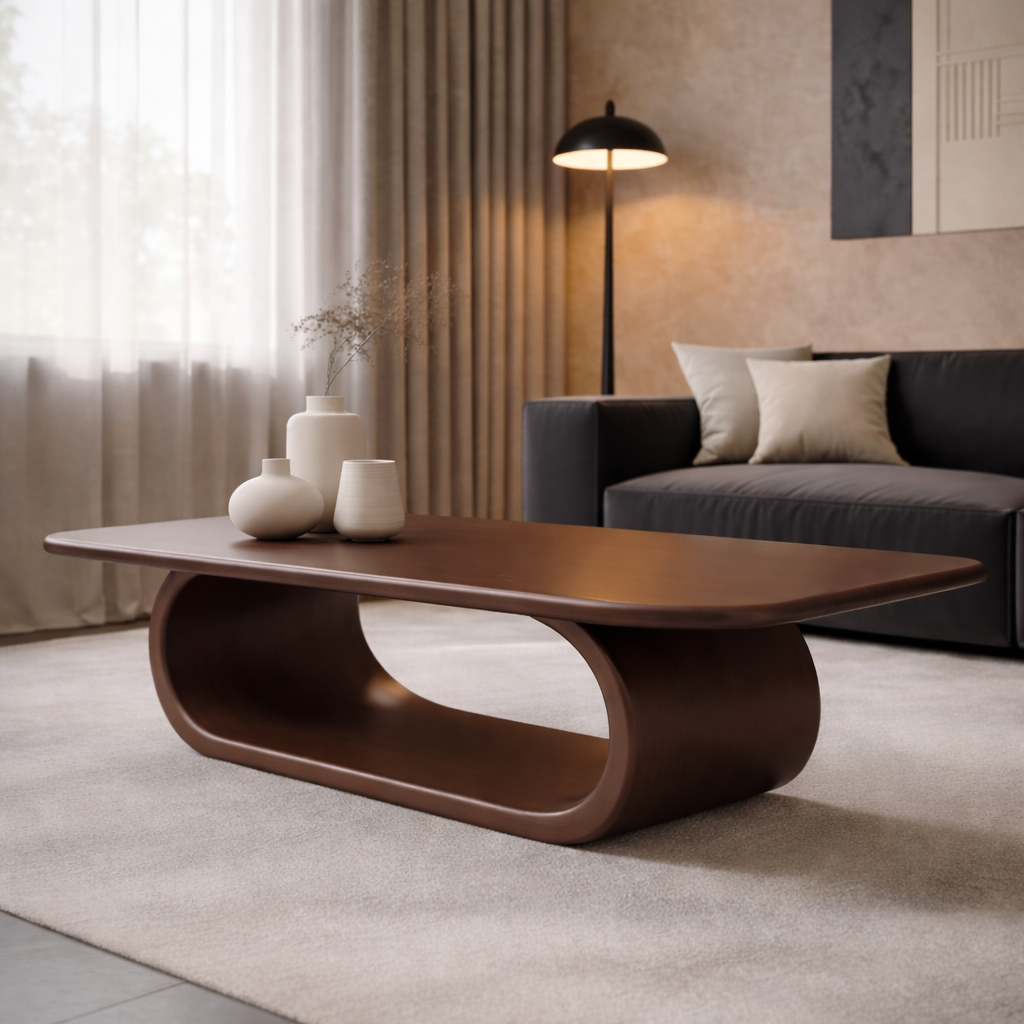 Minimalist Solid Wood Coffee Table with Sleek Curved Base – Modern Living Room Style
