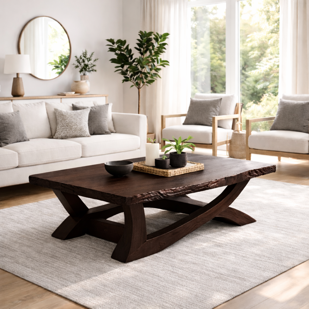 Rustic Solid Wood Coffee Table with Live Edge Design – Natural Charm for Living Rooms