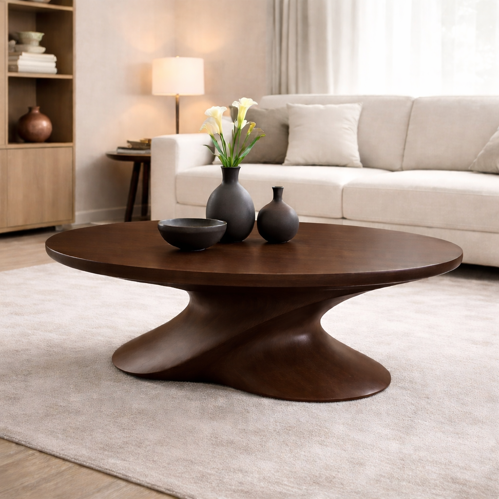Modern Solid Wood Coffee Table with Sculptural Base – Contemporary Round Coffee Table
