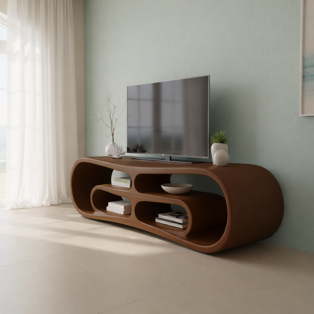 Modern Solid Wood TV Stand with Curved Design & Open Shelving - Stylish Living Room Storage
