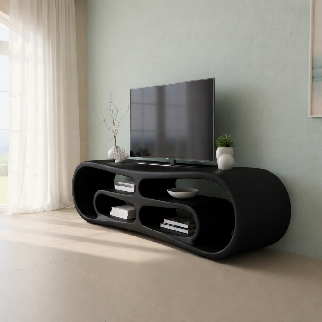 Modern Solid Wood TV Stand with Curved Design & Open Shelving - Stylish Living Room Storage