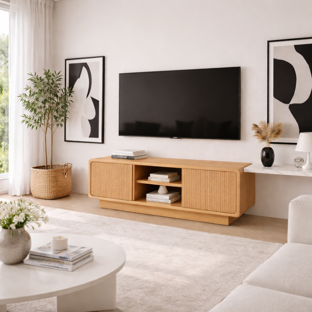 Solid Wood TV Stand with Rattan Detailing – Stylish Storage for Living Room