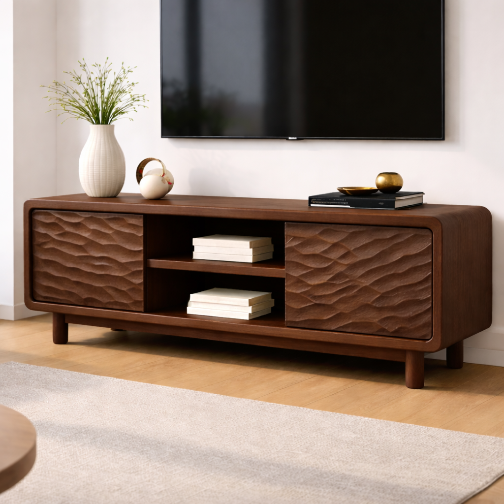 Solid Wood TV Stand with Wave-Pattern Doors & Open Shelving - Modern Living Room Design