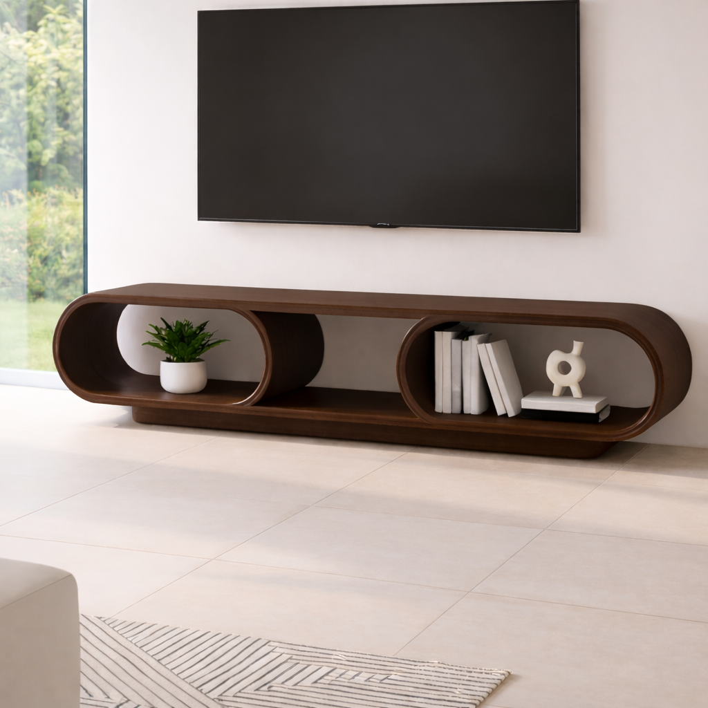 Contemporary Solid Wood TV Stand with Oval Open Storage and Stylish Design