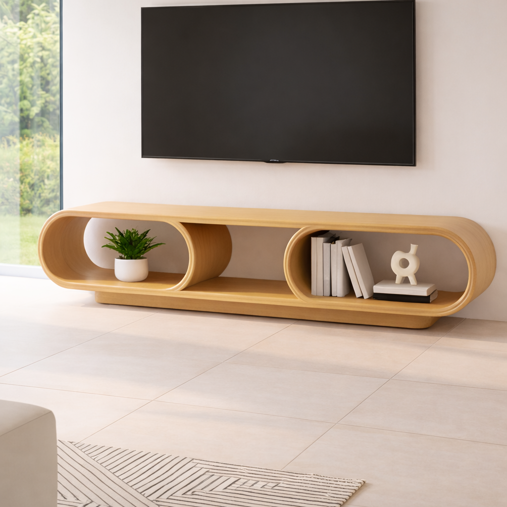 Contemporary Solid Wood TV Stand with Oval Open Storage and Stylish Design