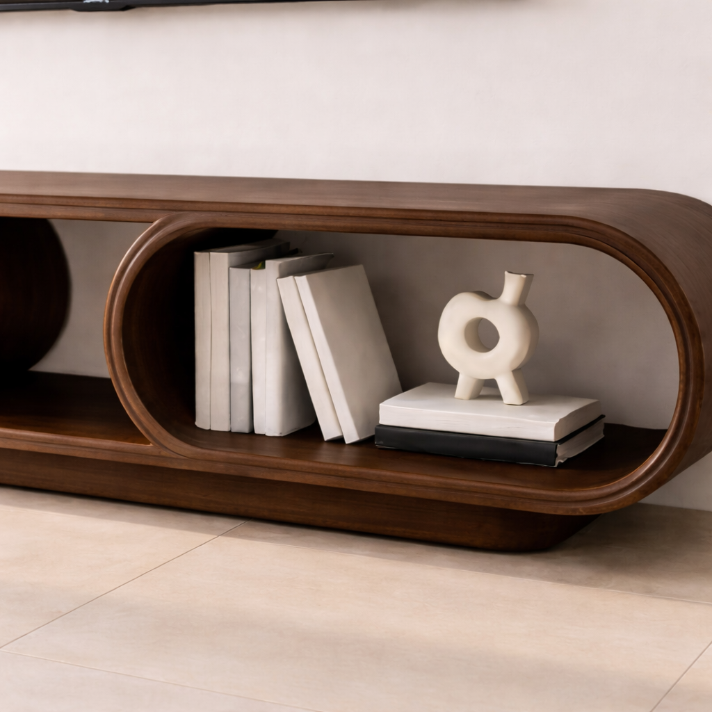 Contemporary Solid Wood TV Stand with Oval Open Storage and Stylish Design