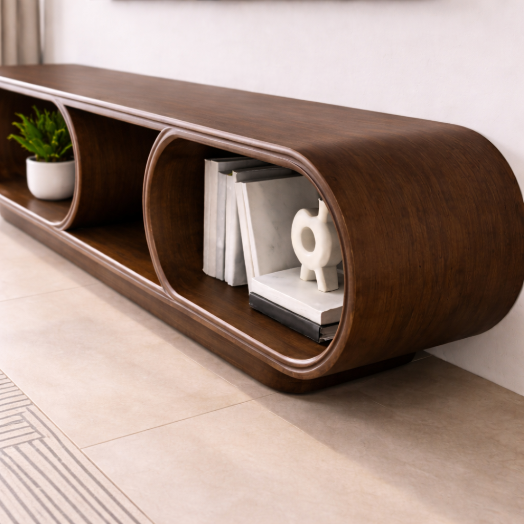 Contemporary Solid Wood TV Stand with Oval Open Storage and Stylish Design