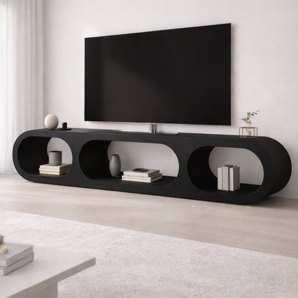 Modern Solid Wood TV Stand with Oval Open Storage and Sleek Design