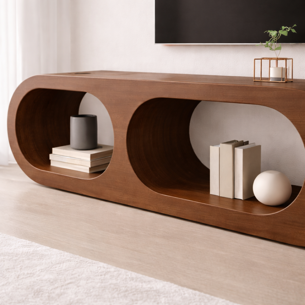Modern Solid Wood TV Stand with Oval Open Storage and Sleek Design