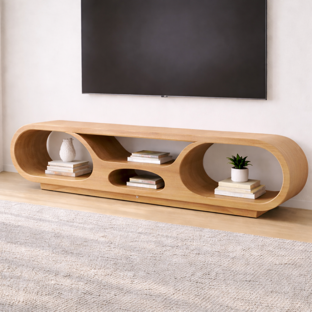 Solid Wood TV Stand with Open Storage and Modern Curved Design