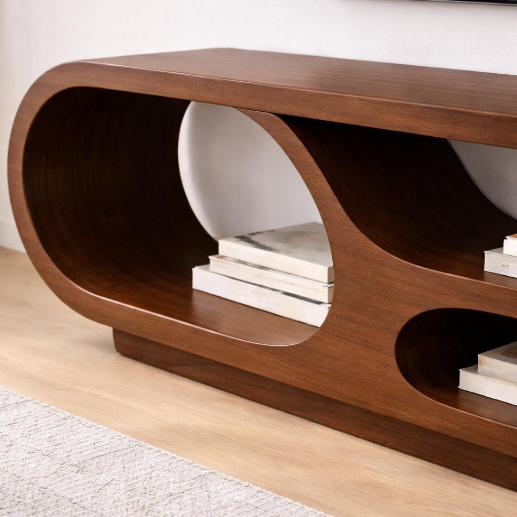 Solid Wood TV Stand with Open Storage and Modern Curved Design