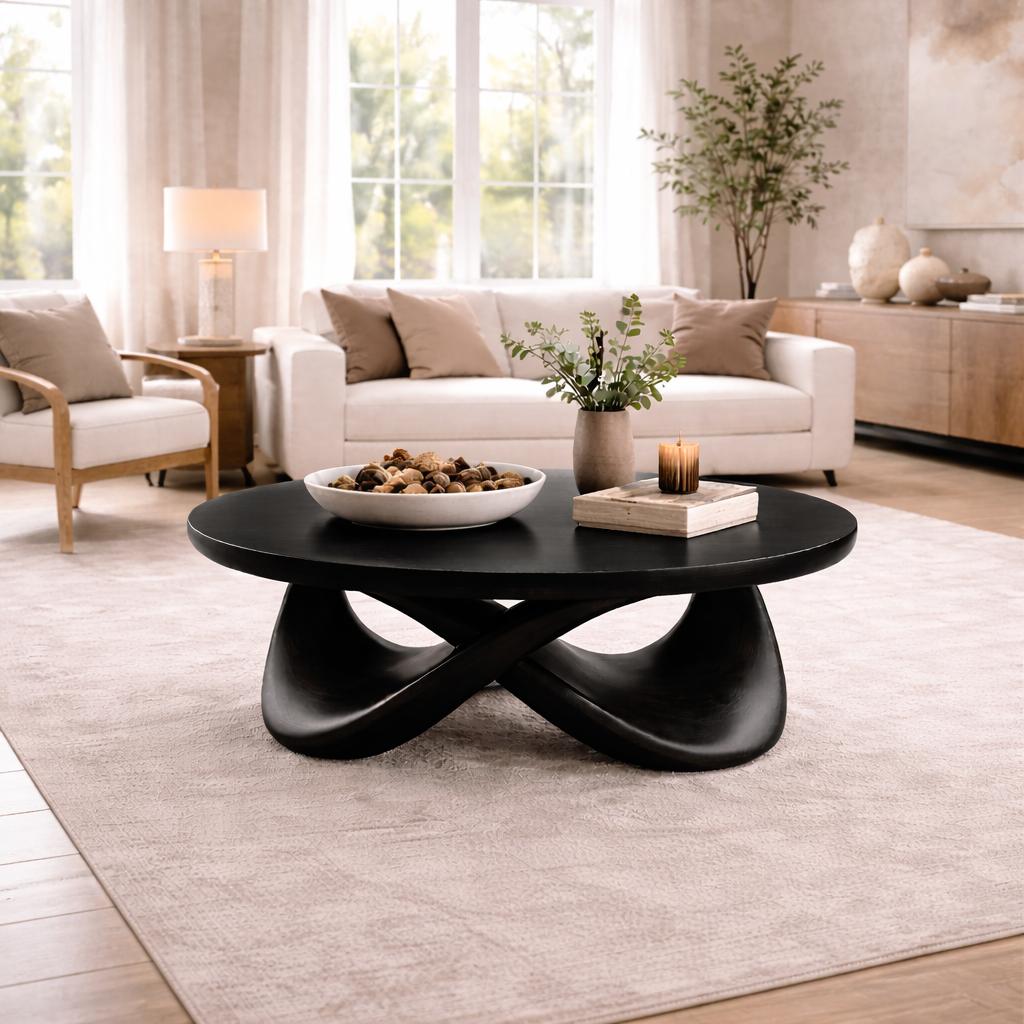 Round Solid Wood Coffee Table with Sculptural Base – Modern Designer Living Room Table