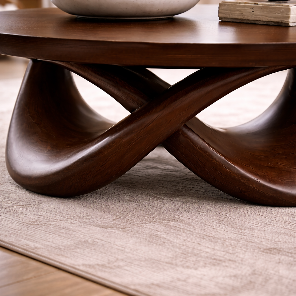 Round Solid Wood Coffee Table with Sculptural Base – Modern Designer Living Room Table