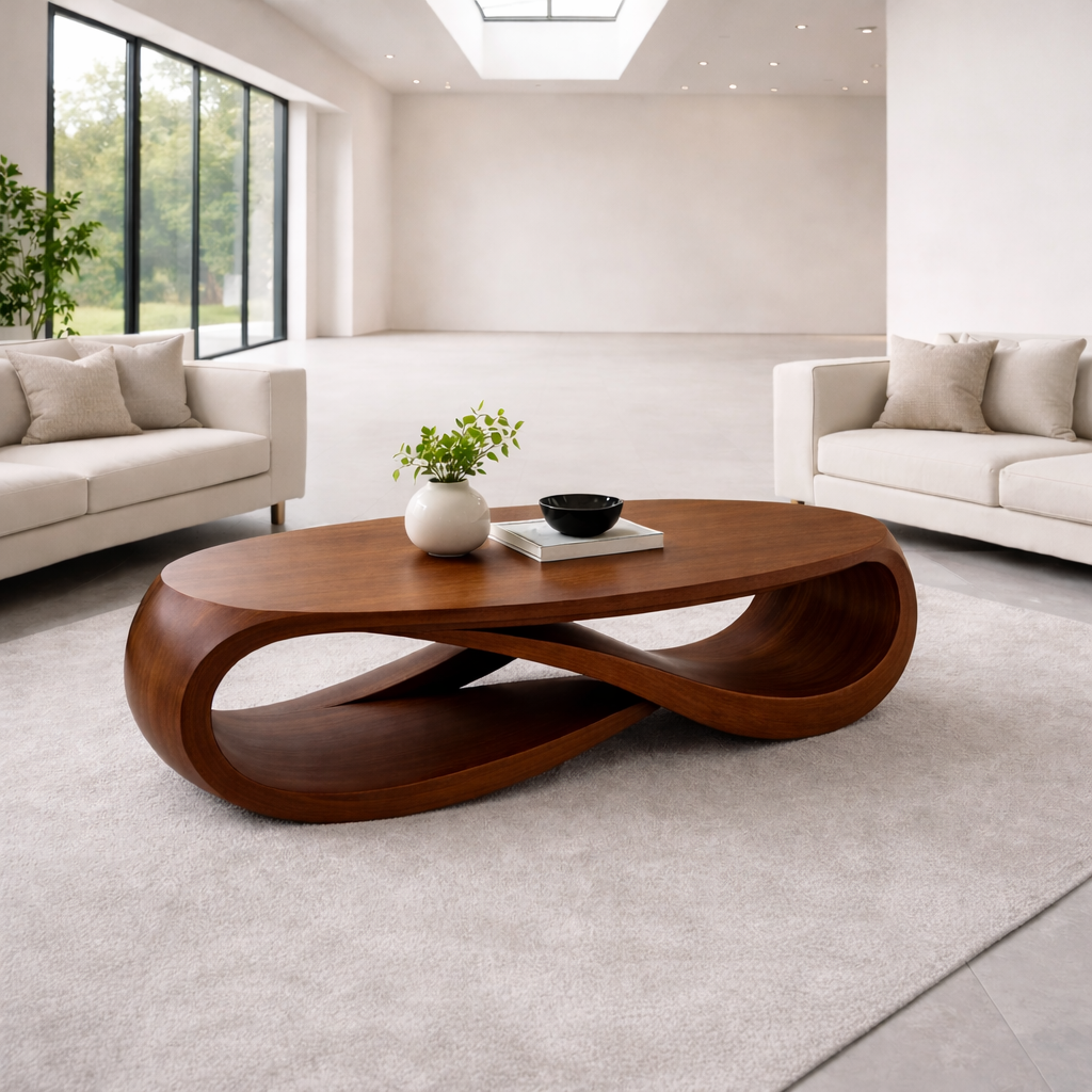 Solid Wood Oval Coffee Table with Sculptural Base – Modern Designer Living Room Table
