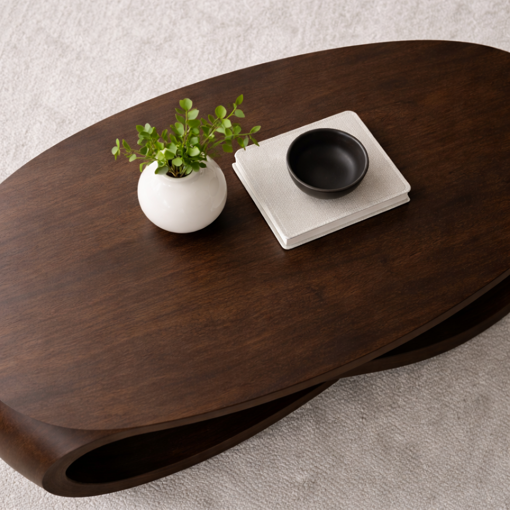 Solid Wood Oval Coffee Table with Sculptural Base – Modern Designer Living Room Table