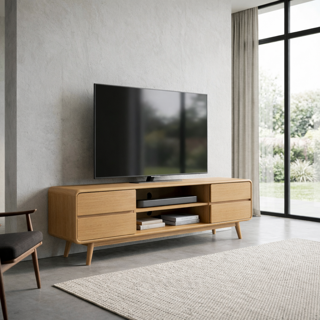 Modern Solid Wood TV Stand with 4 Drawers and Media Shelf – Minimalist Design Media Console