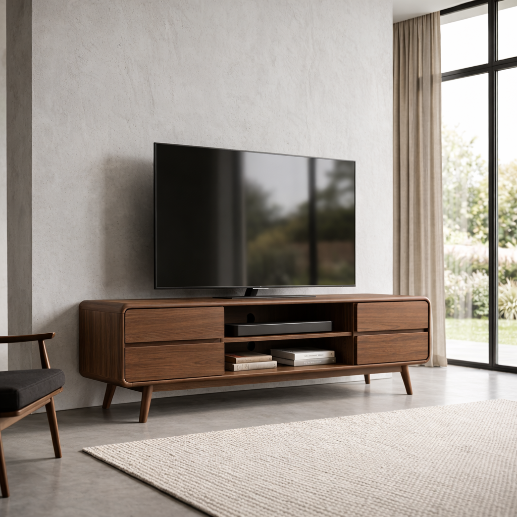 Modern Solid Wood TV Stand with 4 Drawers and Media Shelf – Minimalist Design Media Console