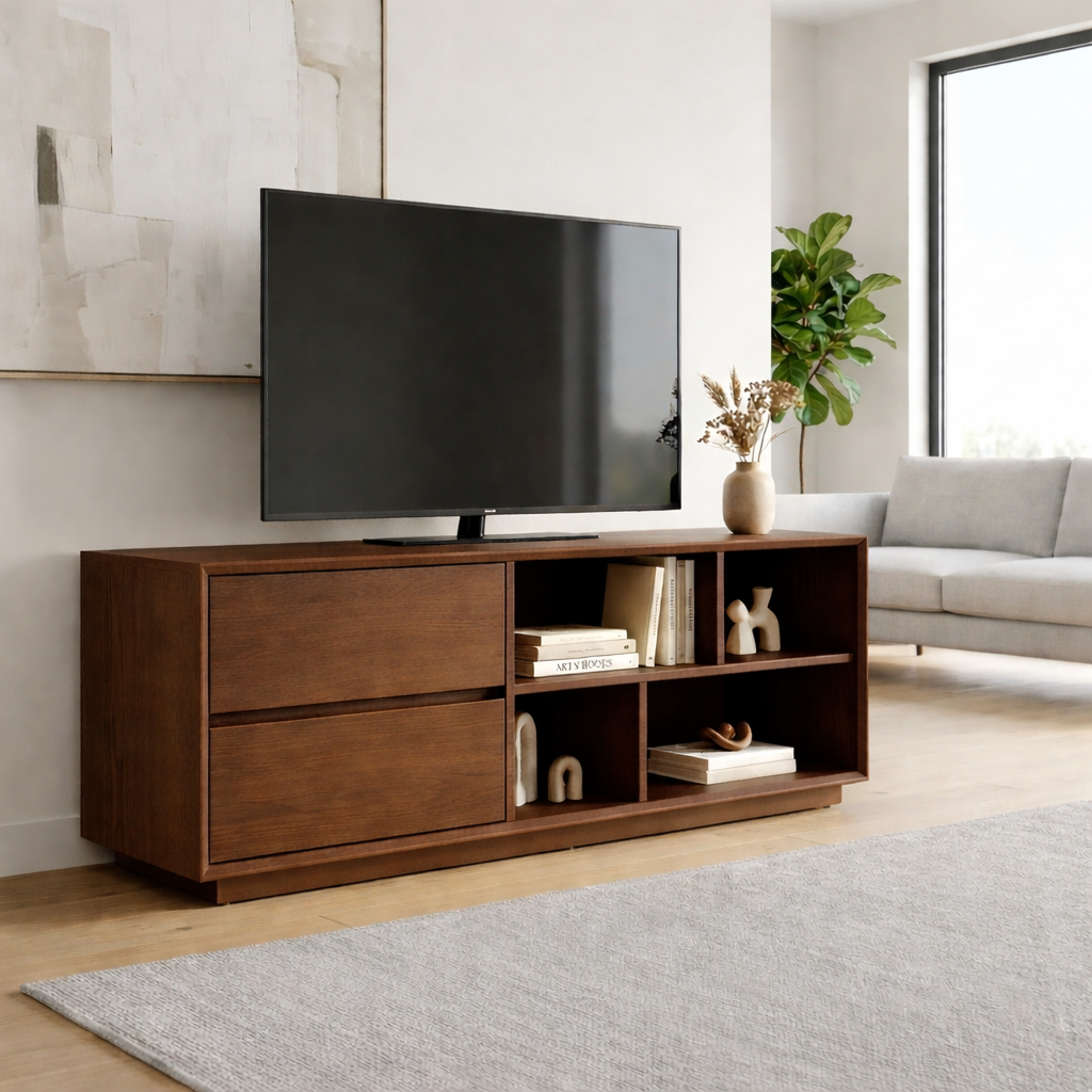 Modern Solid Wood TV Stand with Storage Drawers and Open Shelves – Minimalist Media Console