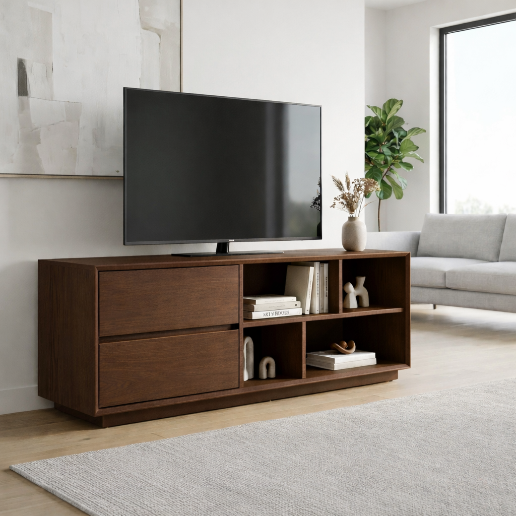 Modern Solid Wood TV Stand with Storage Drawers and Open Shelves – Minimalist Media Console