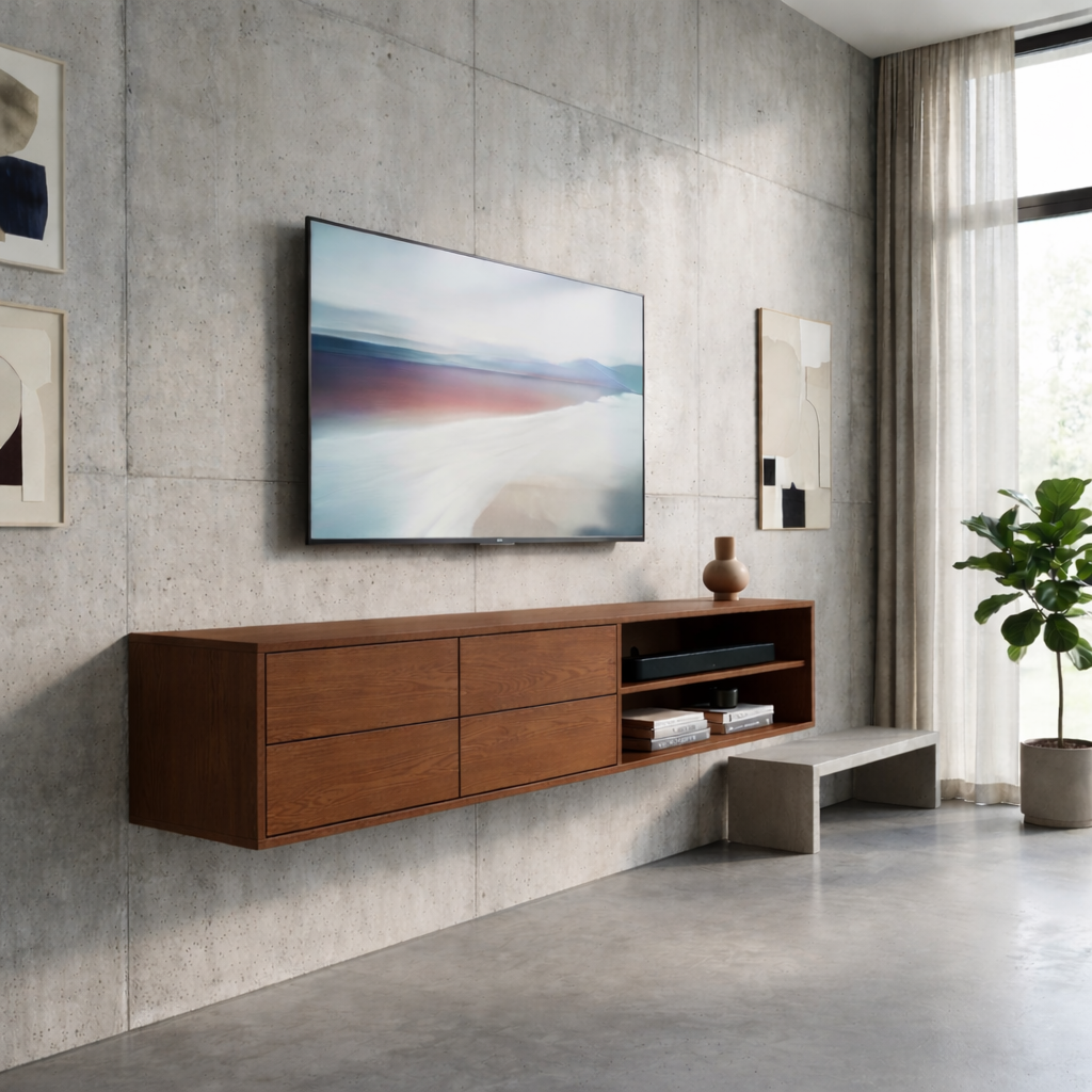 Floating Solid Wood TV Stand with Drawers and Open Shelf – Modern Wall Mounted Media Console