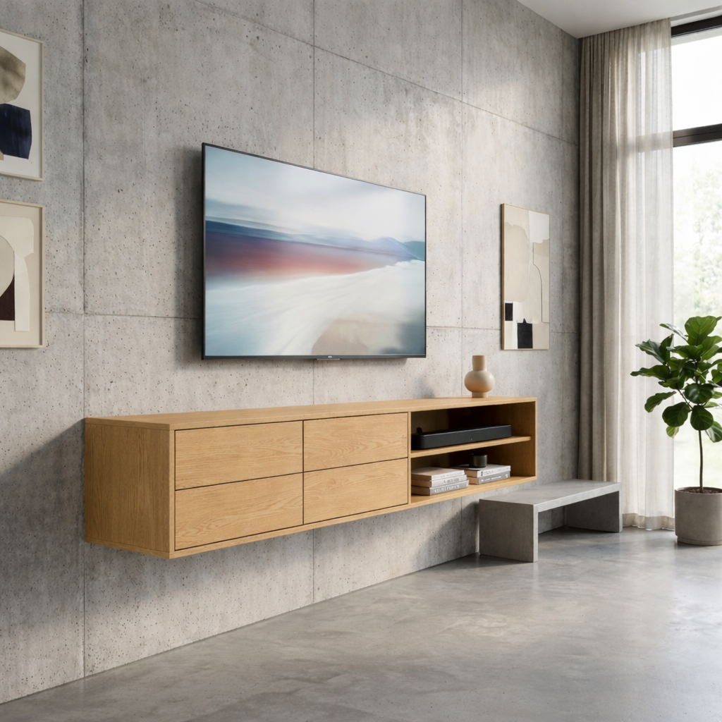Floating Solid Wood TV Stand with Drawers and Open Shelf – Modern Wall Mounted Media Console