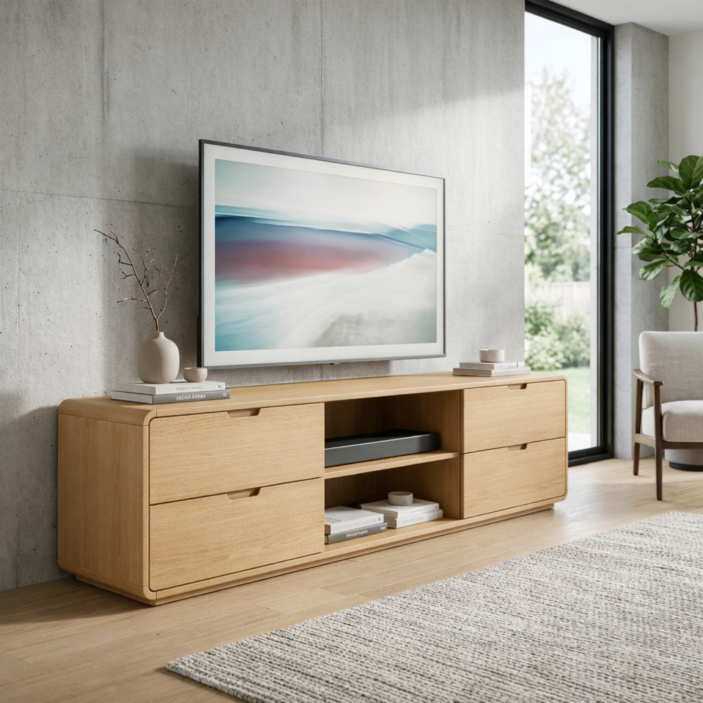 Solid Wood TV Stand with 4 Drawers and Open Media Shelf – Modern Minimalist Console