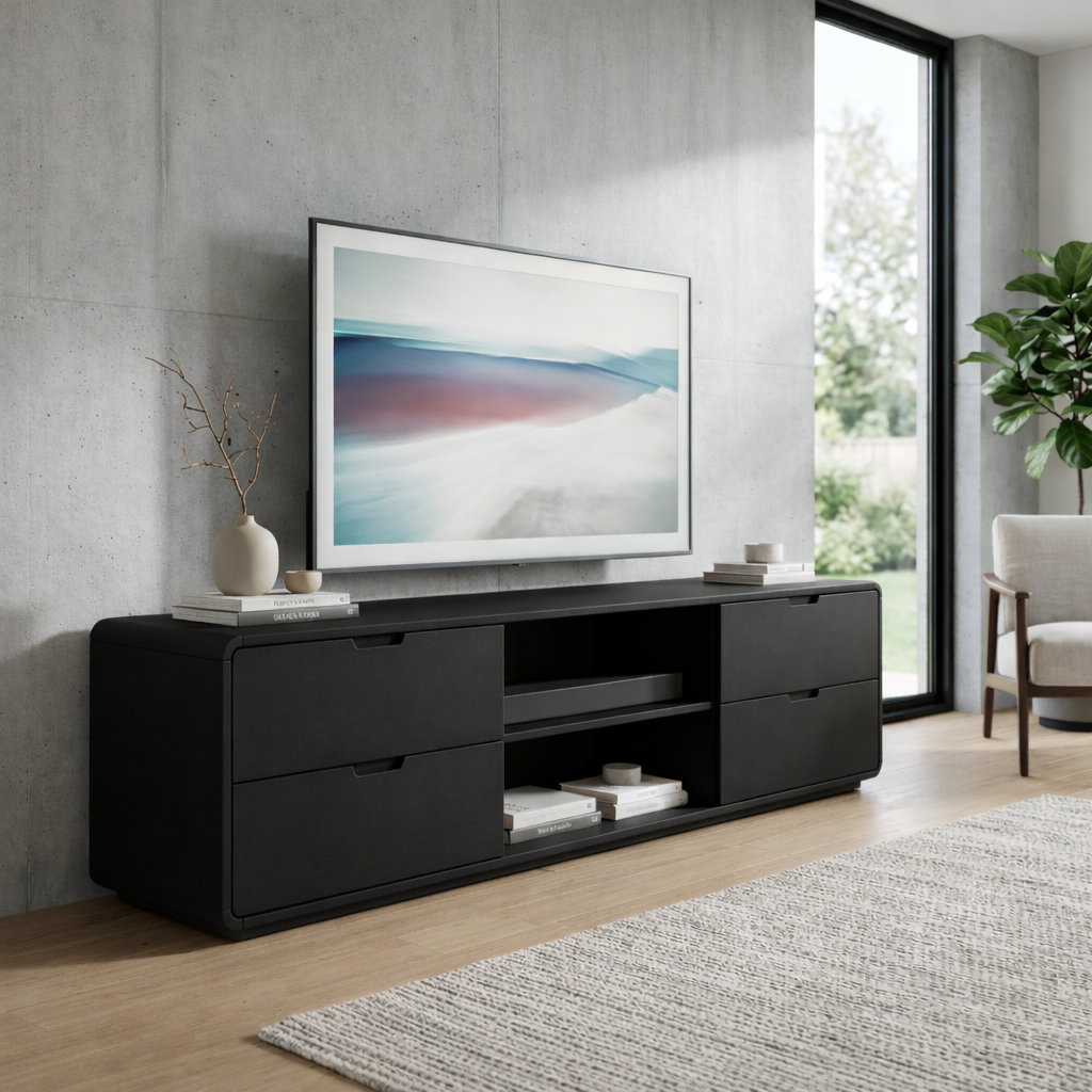 Solid Wood TV Stand with 4 Drawers and Open Media Shelf – Modern Minimalist Console