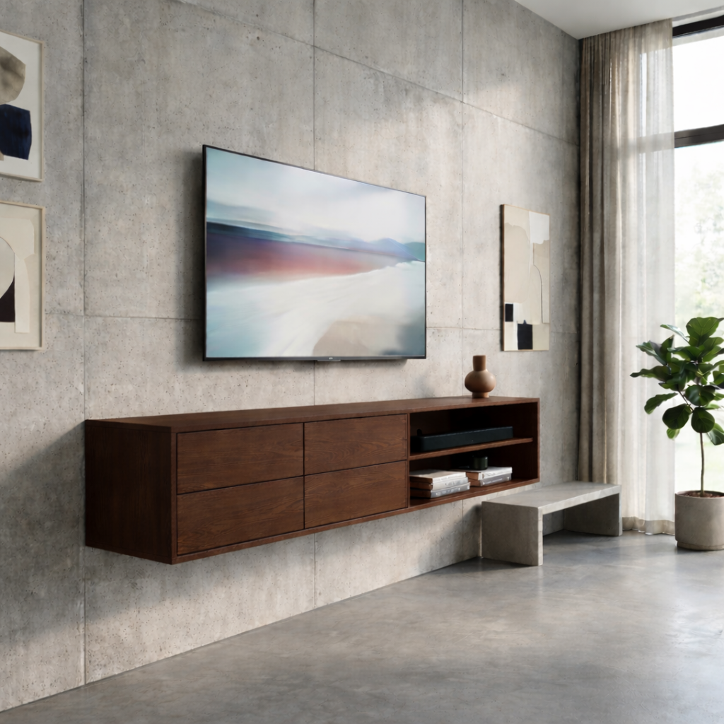 Floating Solid Wood TV Stand with Drawers and Open Shelf – Modern Wall Mounted Media Console