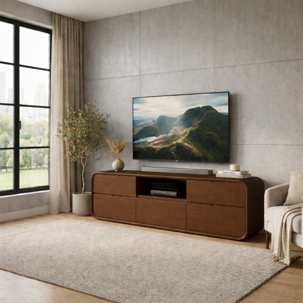 Solid Wood TV Stand with Drawers and Open Shelf – Modern Rounded Media Console