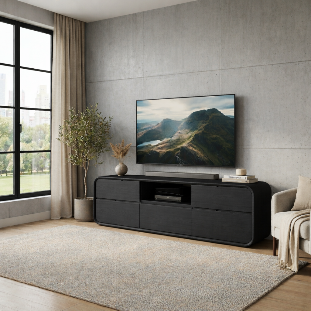 Solid Wood TV Stand with Drawers and Open Shelf – Modern Rounded Media Console