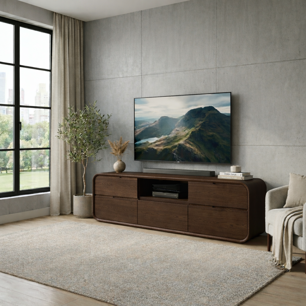 Solid Wood TV Stand with Drawers and Open Shelf – Modern Rounded Media Console
