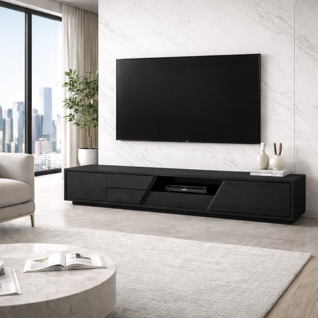 Extra Long Solid Wood TV Stand with Angled Open Shelf – Modern Low Profile Media Console