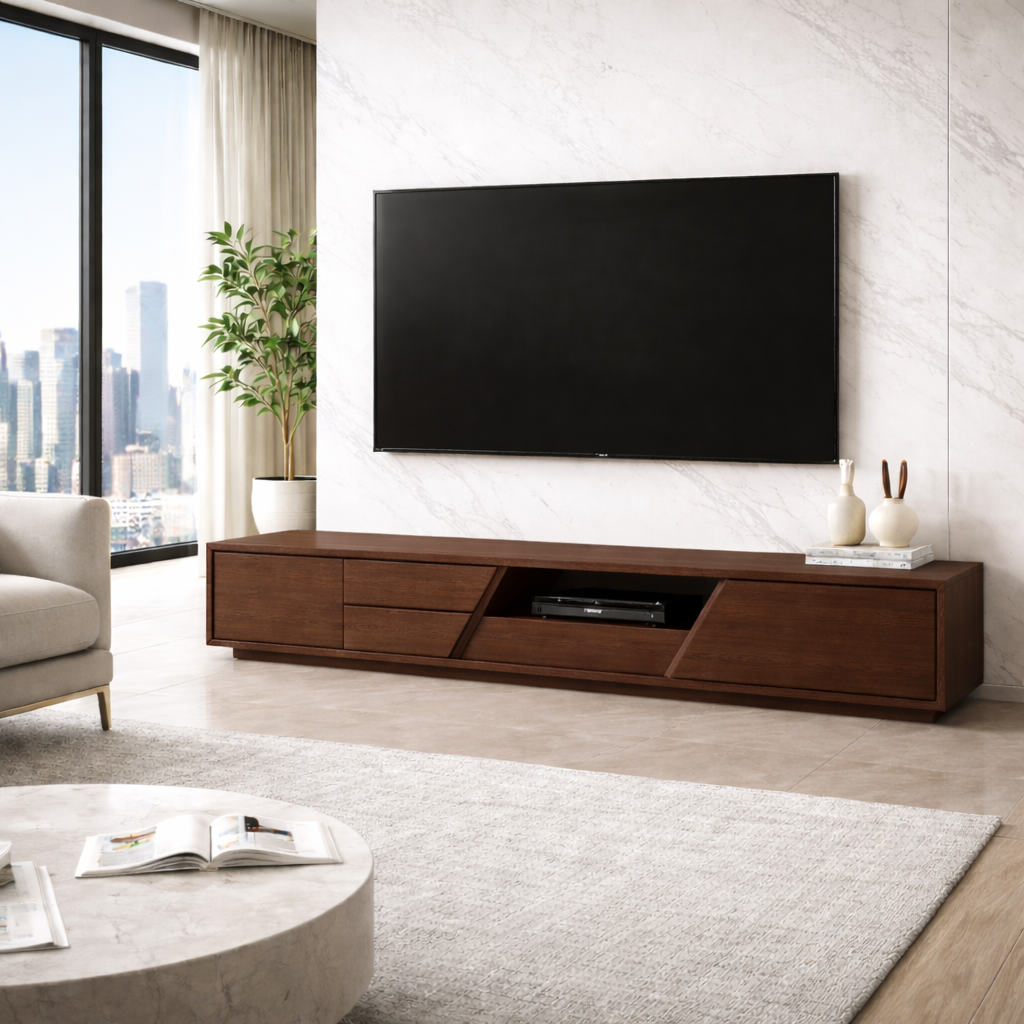 Extra Long Solid Wood TV Stand with Angled Open Shelf – Modern Low Profile Media Console