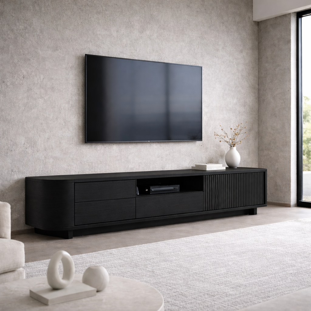 Solid Wood TV Stand with Slatted Door and Drawers – Modern Extra Long Media Console