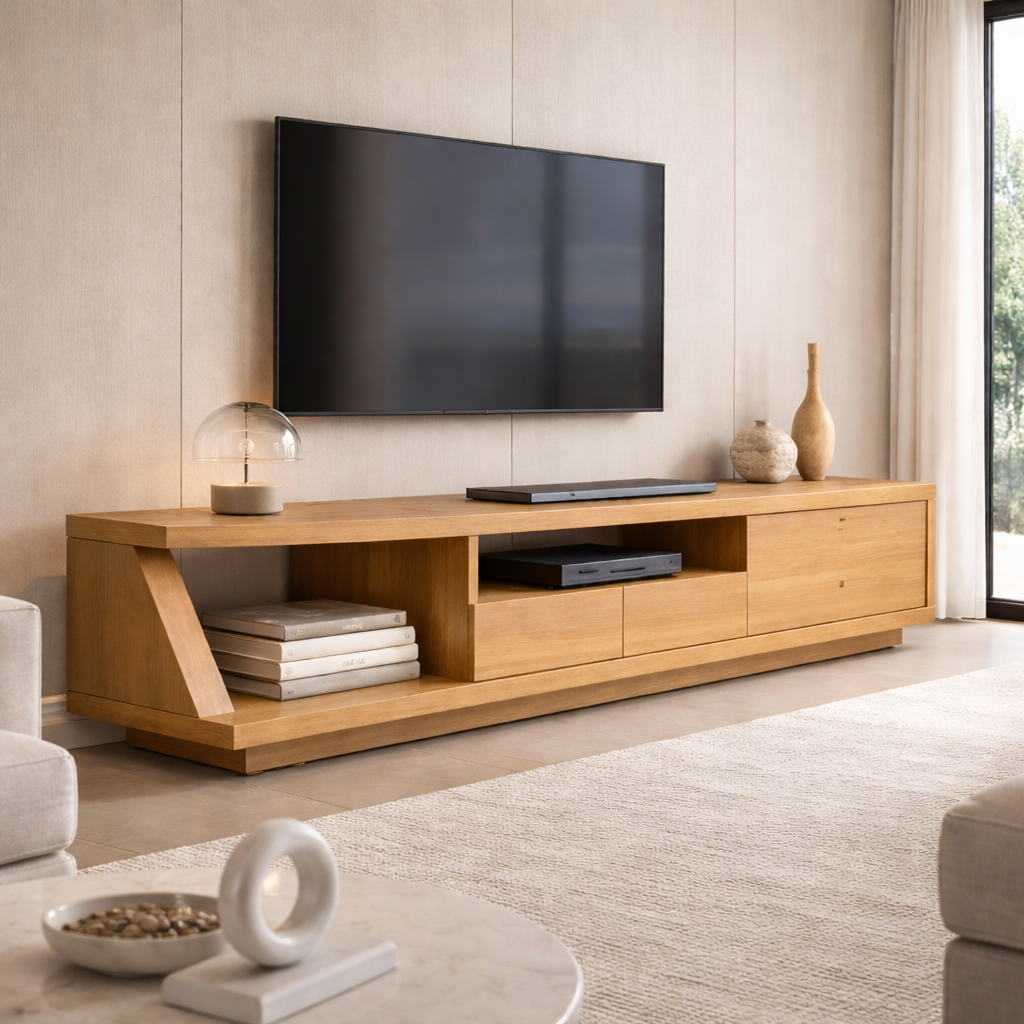 Solid Wood TV Stand with Angled Side Panel and Open Shelf – Modern Long Media Console