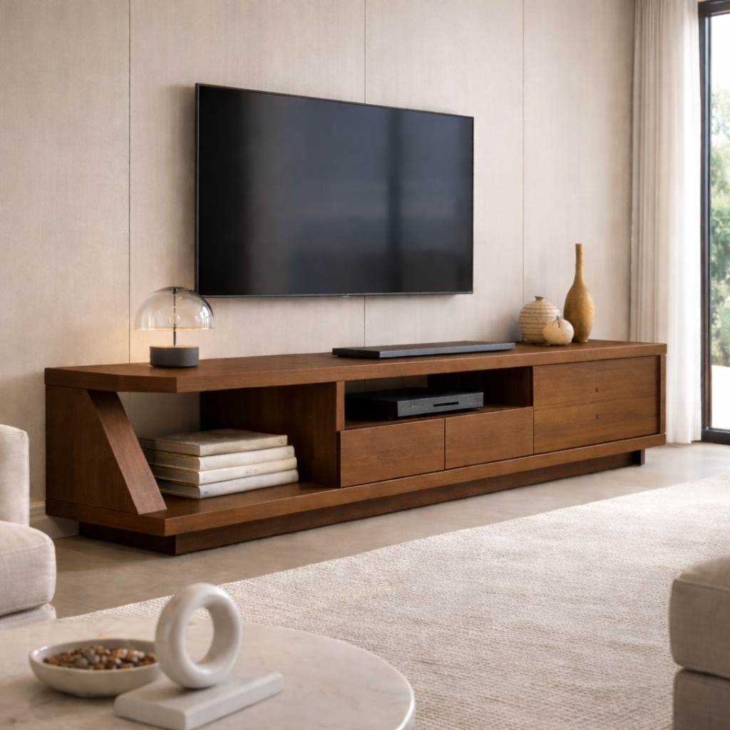 Solid Wood TV Stand with Angled Side Panel and Open Shelf – Modern Long Media Console