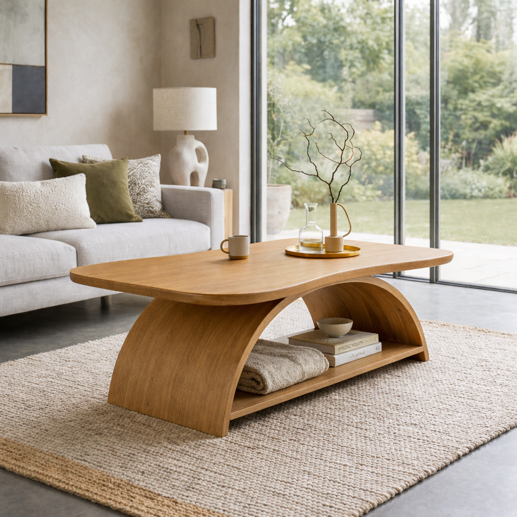 Curved Solid Wood Coffee Table with Open Shelf – Modern Sculptural Design