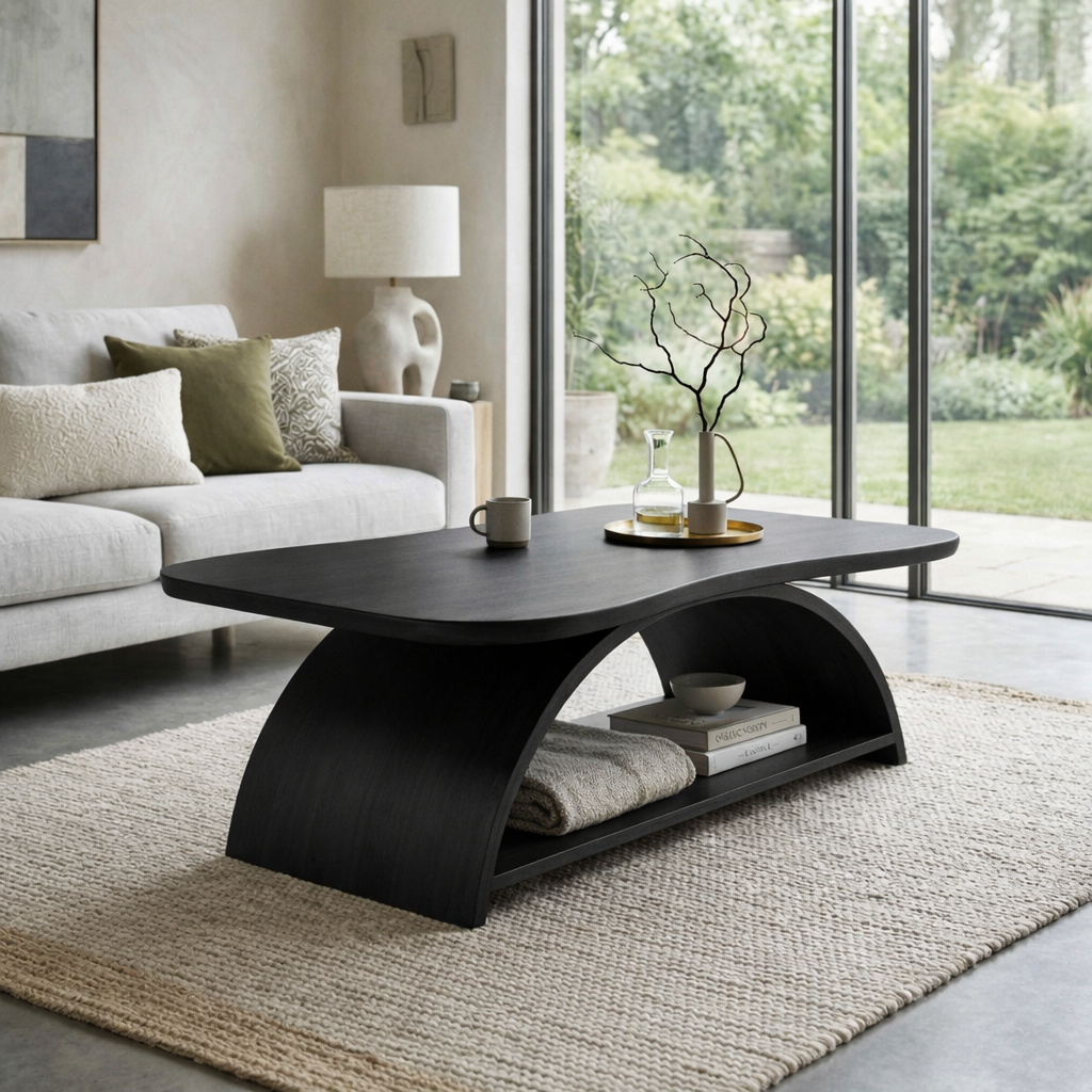 Curved Solid Wood Coffee Table with Open Shelf – Modern Sculptural Design