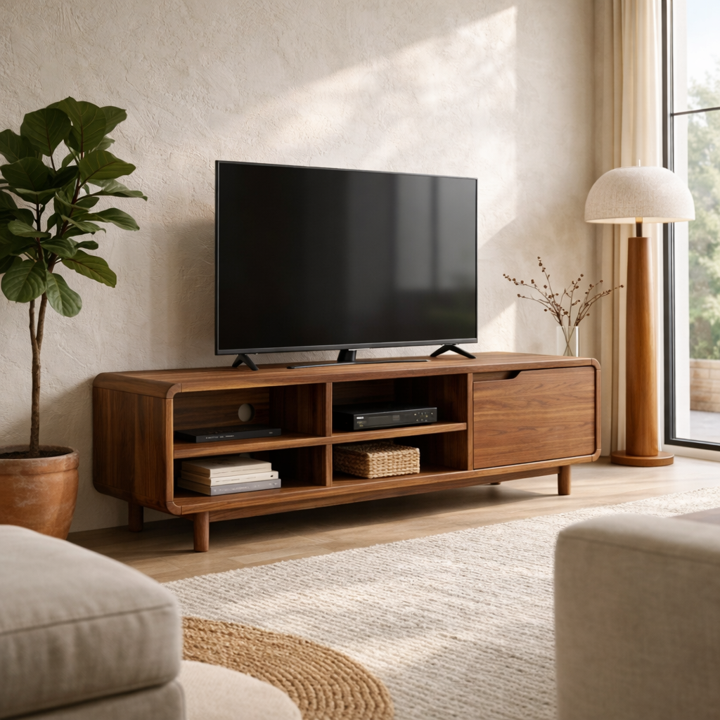 Solid Wood TV Stand with Open Shelves and Sliding Door – Mid-Century Modern Media Console