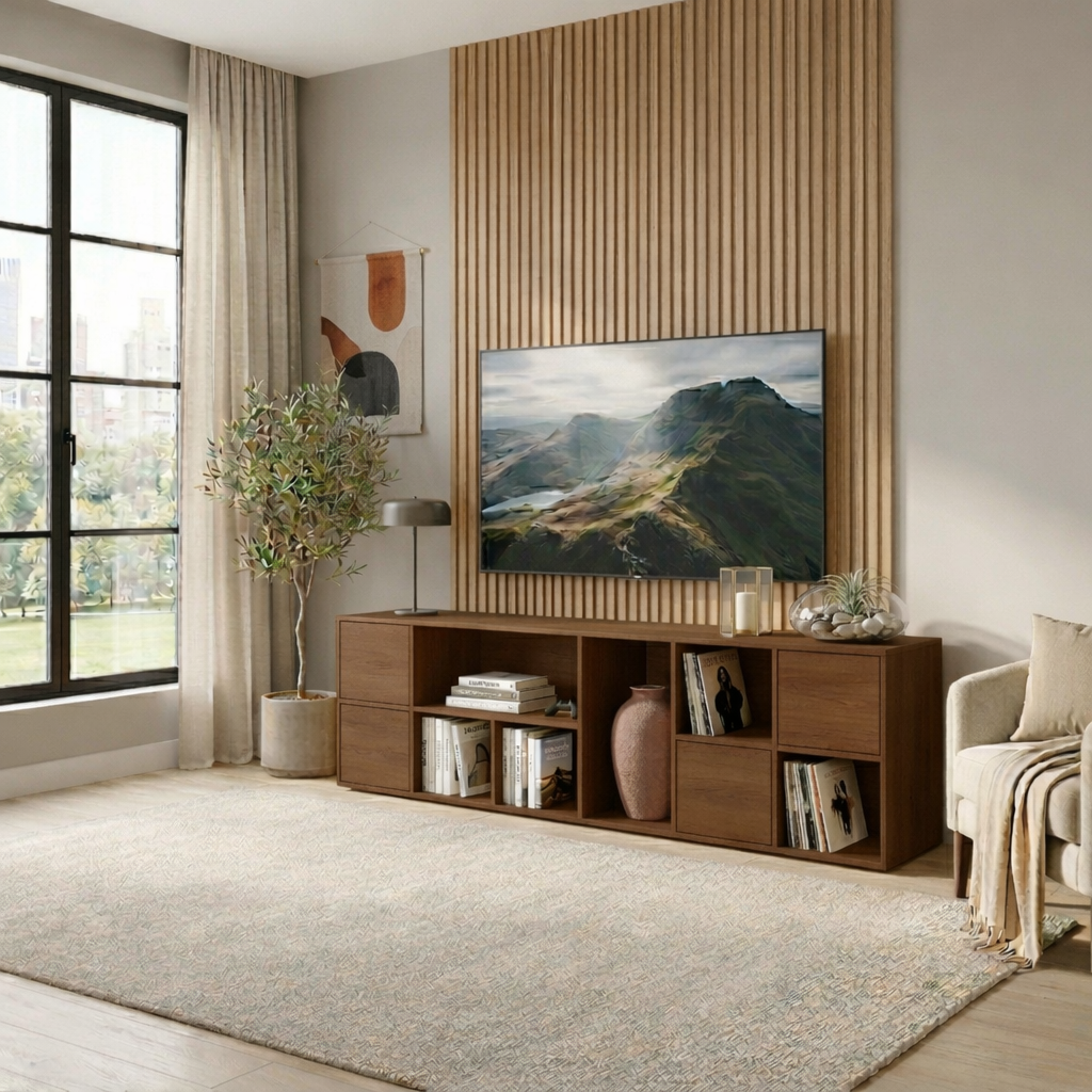 Solid Wood TV Stand with Open Shelves and Drawers – Modern Minimalist Media Console