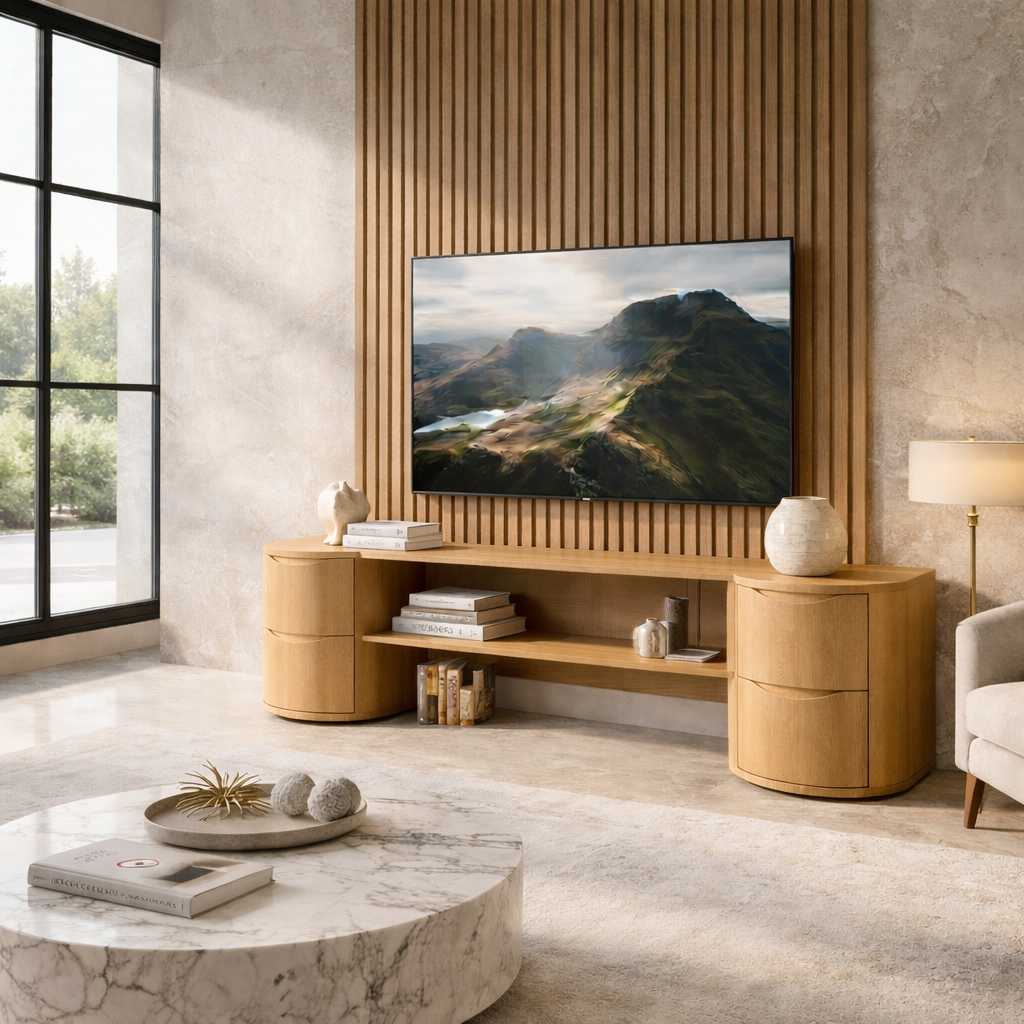 Solid Wood TV Stand with Rounded Drawer Cabinets – Modern Minimalist Media Console
